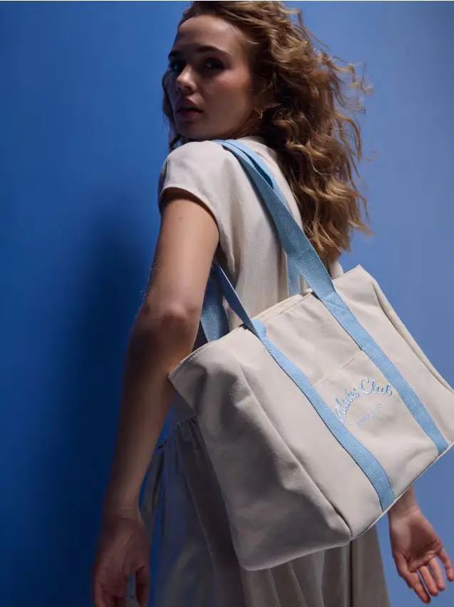 Borsa shopper in tessuto con manici a contrasto - panna