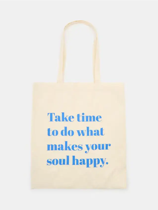 Borsa shopper in tessuto con scritta - panna