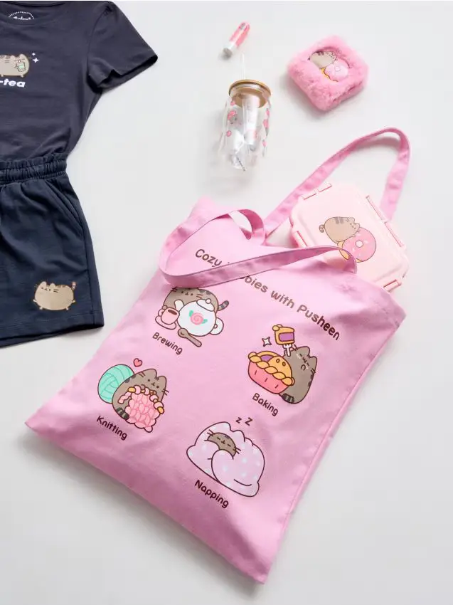 Borsa shopper in tessuto con stampa Pusheen the Cat - rosa pastello