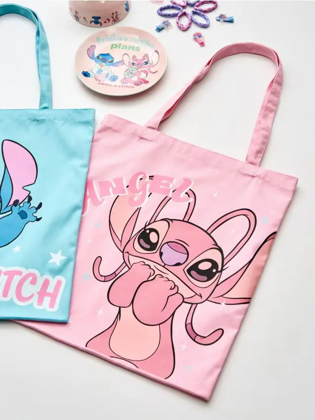 Borsa shopper in tessuto con stampa Stitch - rosa pastello