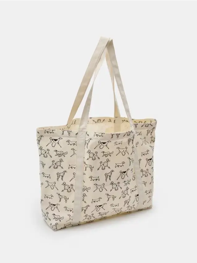 Borsa tote in tessuto con stampa di cani - panna