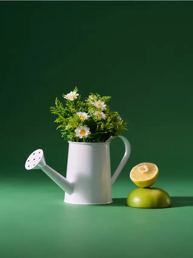 Bouquet di margherite decorative in un vaso a forma di annaffiatoio - bianco