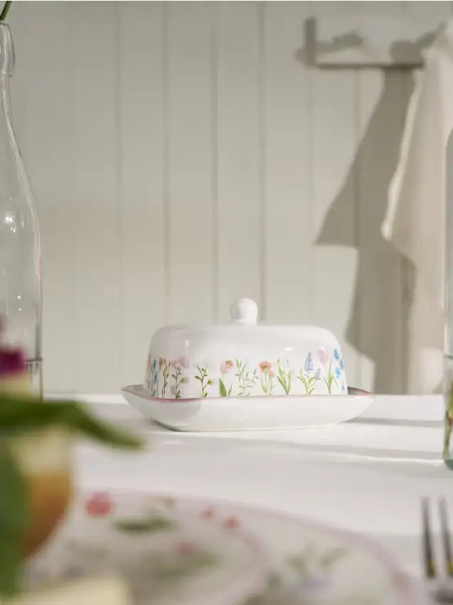 Burriera in ceramica con motivo floreale - bianco