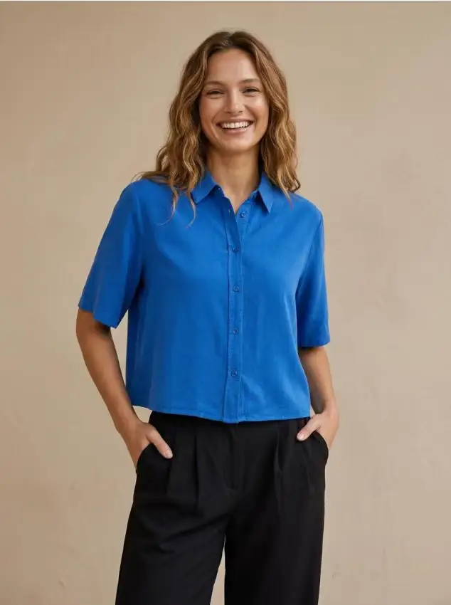 Camicia a maniche corte in lyocell - indaco