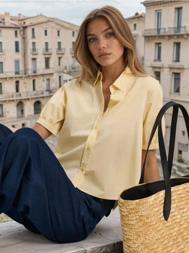 Camicia blusa con maniche a sbuffo - giallo chiaro