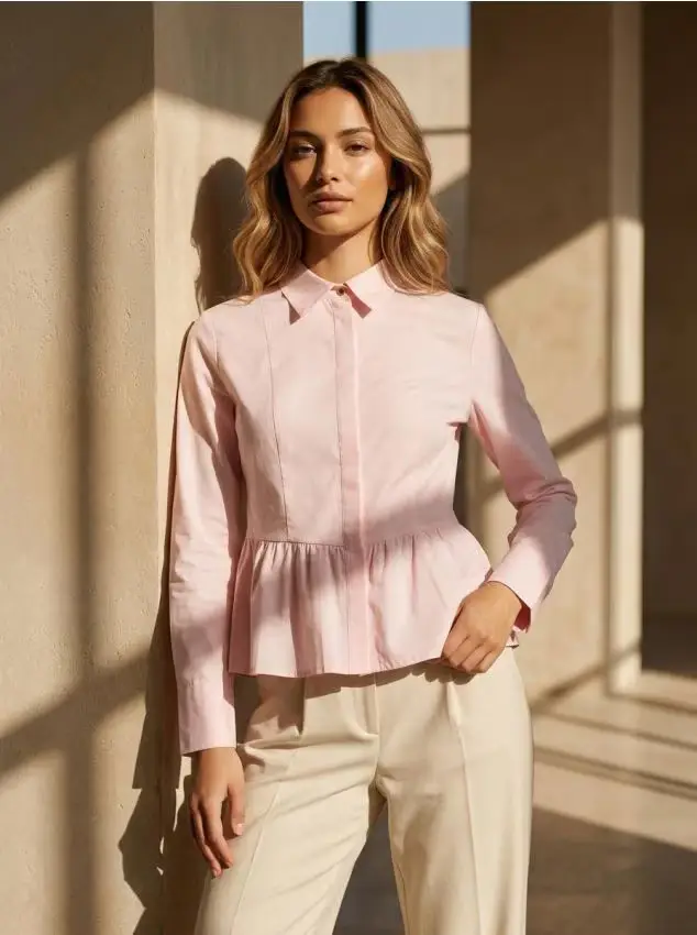 Camicia con pence nascoste e volant - rosa pastello