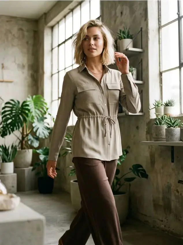 Camicia con tasche cargo e coulisse in vita - verde scuro