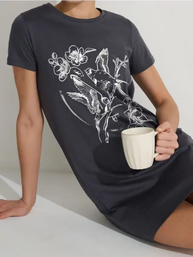 Camicia da notte in cotone con stampa - grigio scuro