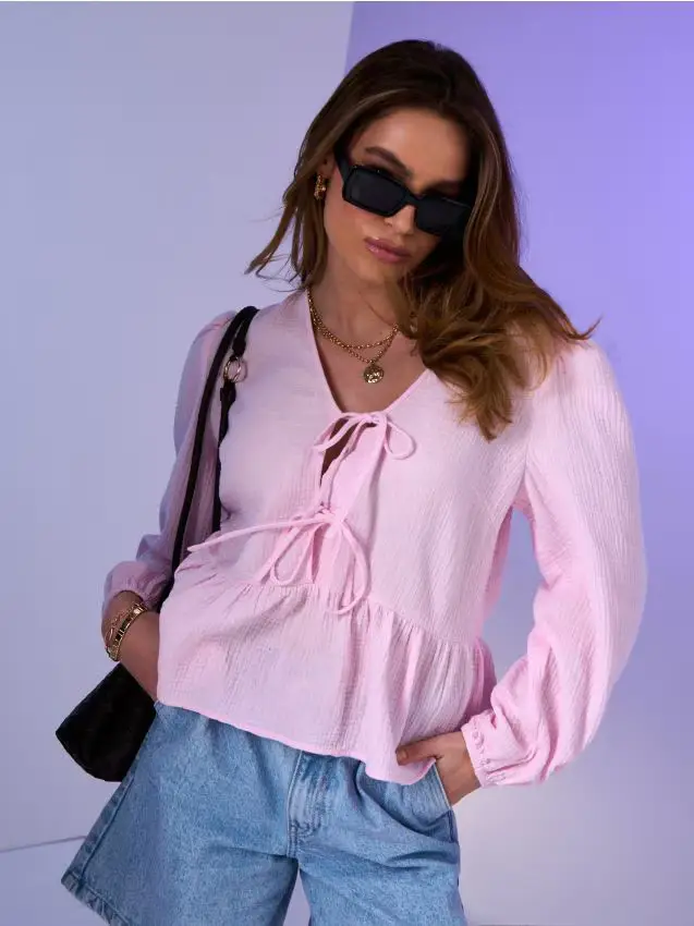 Camicia in mussola con fiocco decorativo - rosa pastello