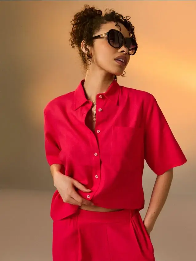 Camicia in viscosa a maniche corte con lino misto - rosa shocking