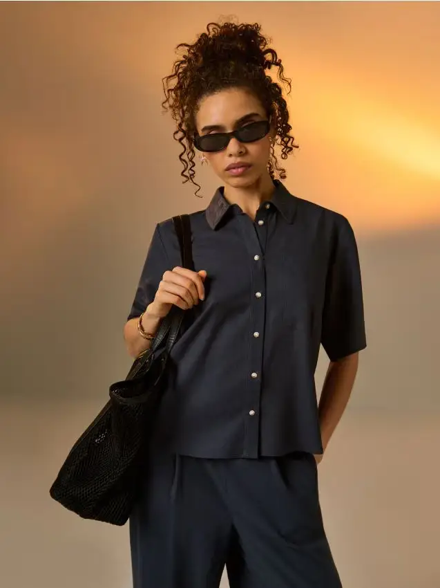 Camicia in viscosa a maniche corte con lino misto - steel blue