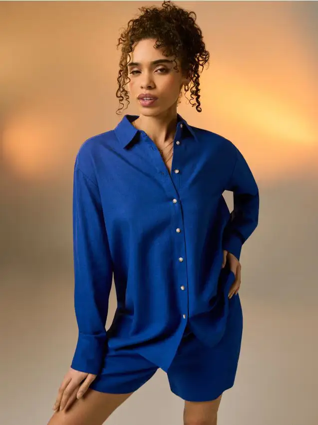 Camicia oversize con misto lino - indaco