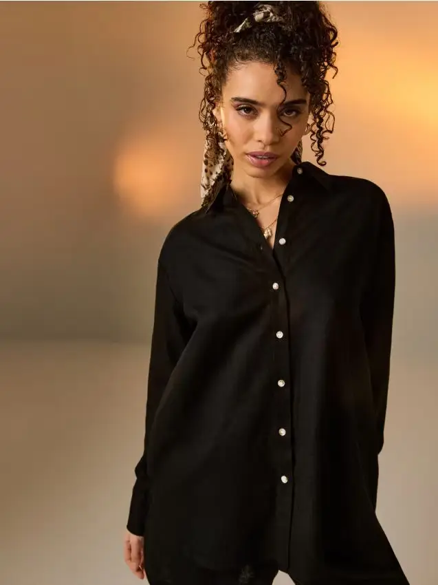 Camicia oversize con misto lino - nero