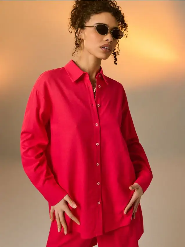 Camicia oversize con misto lino - rosa shocking