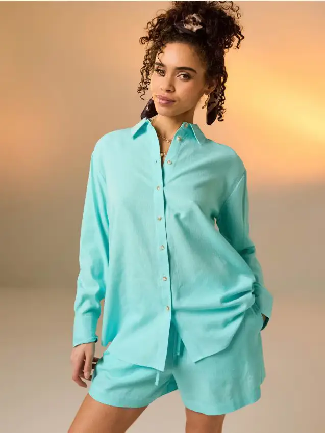 Camicia oversize con misto lino - turchese chiaro