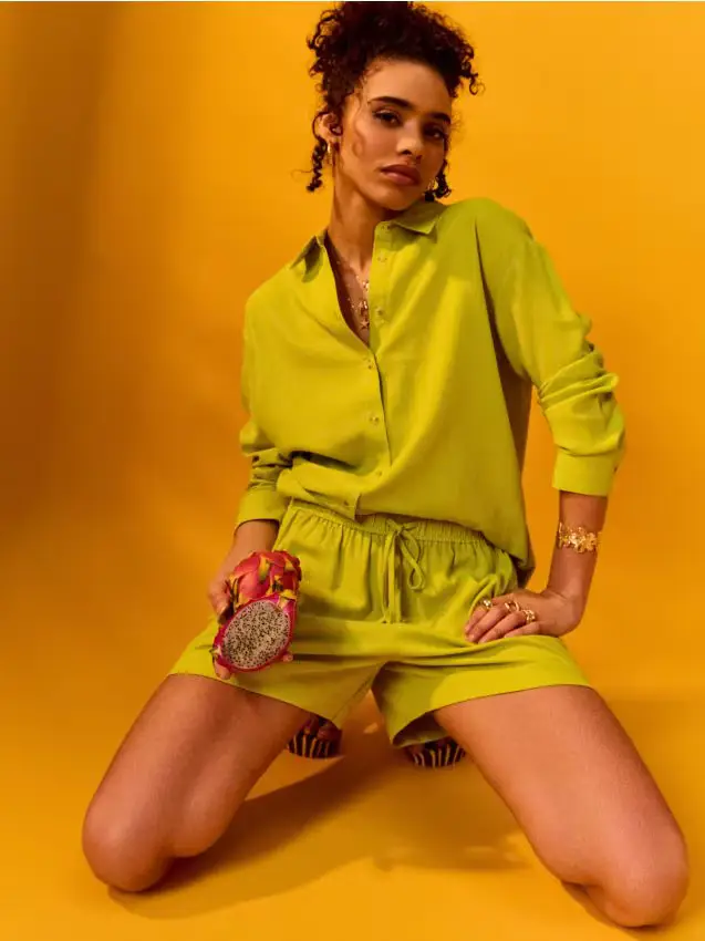 Camicia oversize con misto lino - verde-giallo