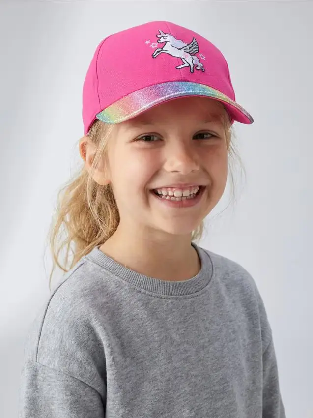 Cappellino con visiera in cotone con motivo unicorno - rosa