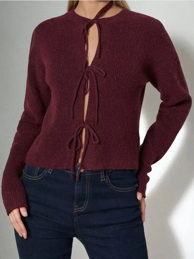 Cardigan con cintura e miscela di lana - bordeaux