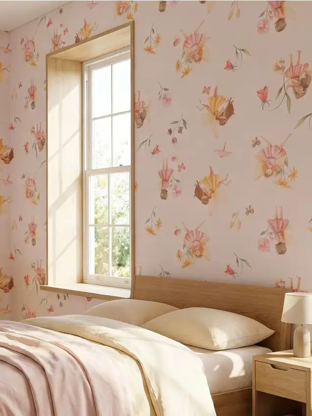 Carta da parati autoadesiva con motivo fate e fiori - rosa