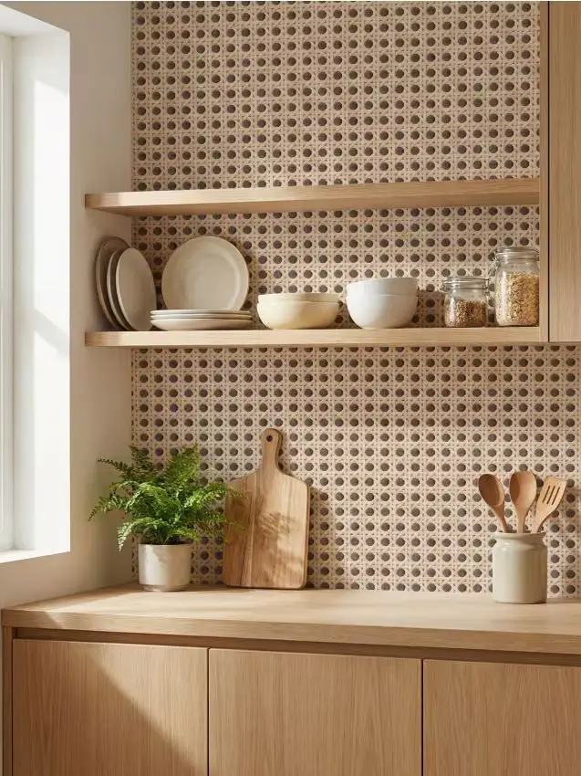 Carta da parati autoadesiva con motivo intreccio in rattan - beige