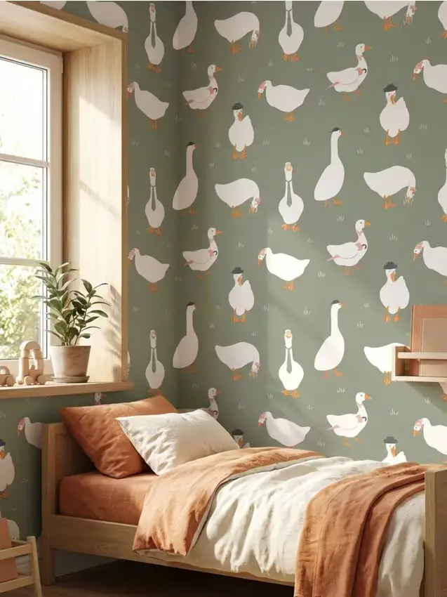 Carta da parati autoadesiva con motivo oche - verde scuro