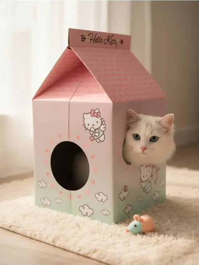 Casetta in cartone per gatti con tiragraffi Hello Kitty - rosa pastello