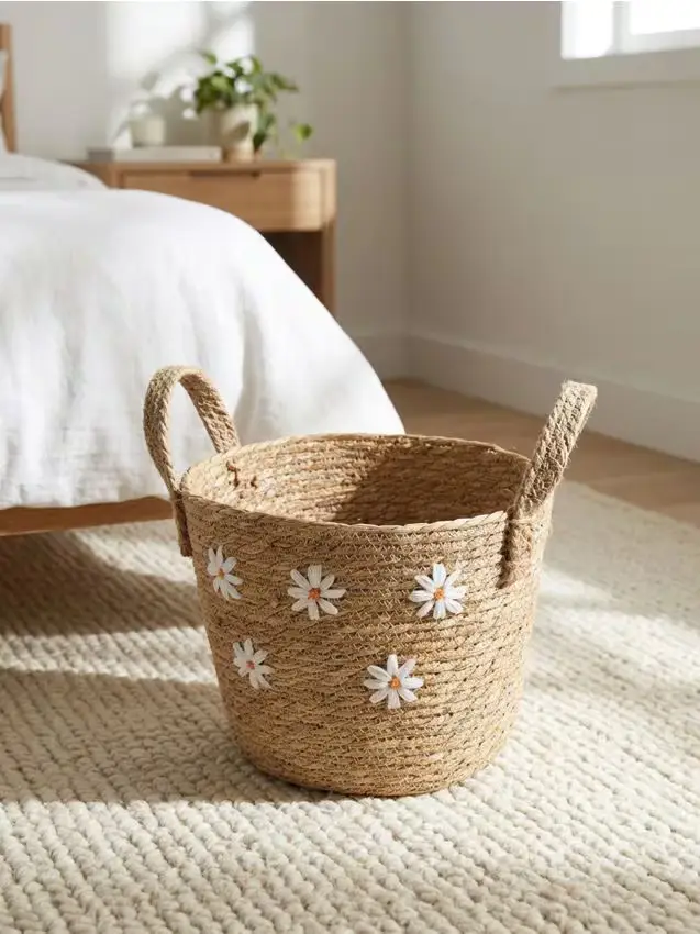 Cesto contenitore intrecciato con motivo a margherite - panna