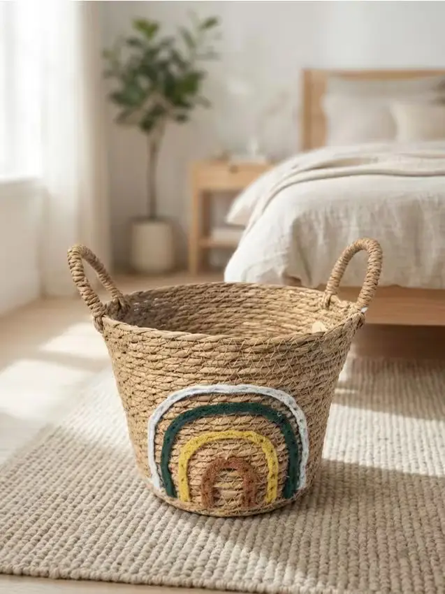 Cesto contenitore intrecciato con motivo arcobaleno - multicolor