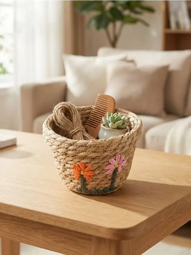 Cesto contenitore intrecciato con motivo floreale - multicolor