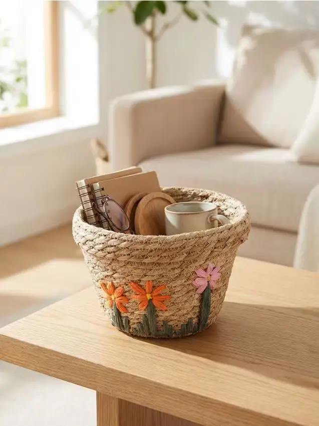 Cesto contenitore intrecciato con motivo floreale - multicolor