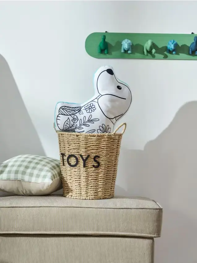 Cesto intrecciato per lo stoccaggio con manici e scritta "Toys" - beige