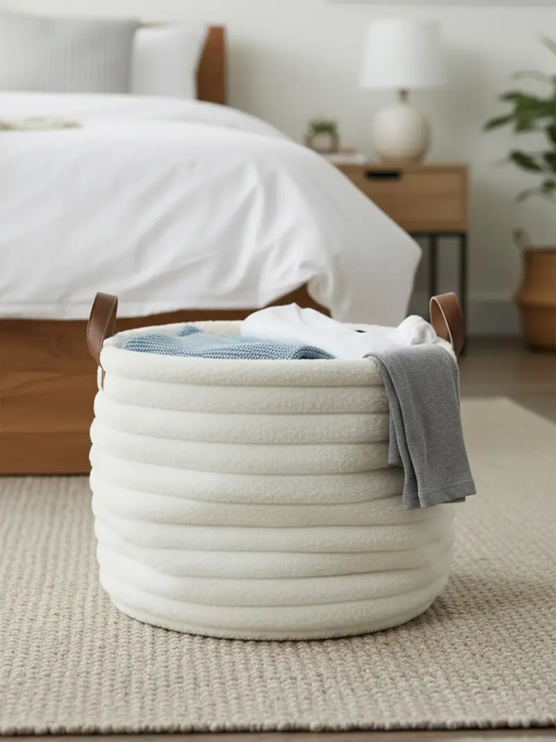 Cesto rotondo portaoggetti con manici in ecopelle - bianco miniatura 2