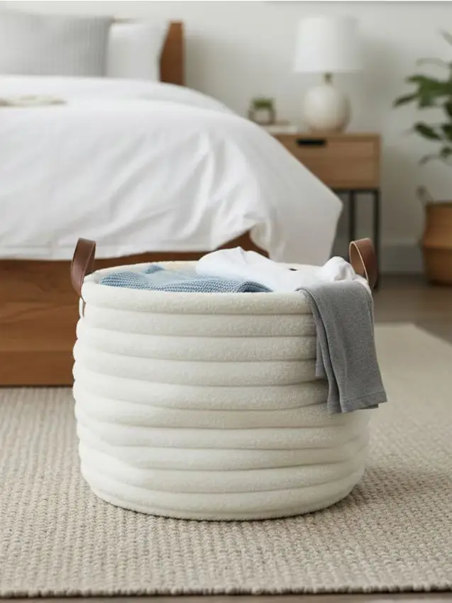 Cesto rotondo portaoggetti con manici in ecopelle - bianco