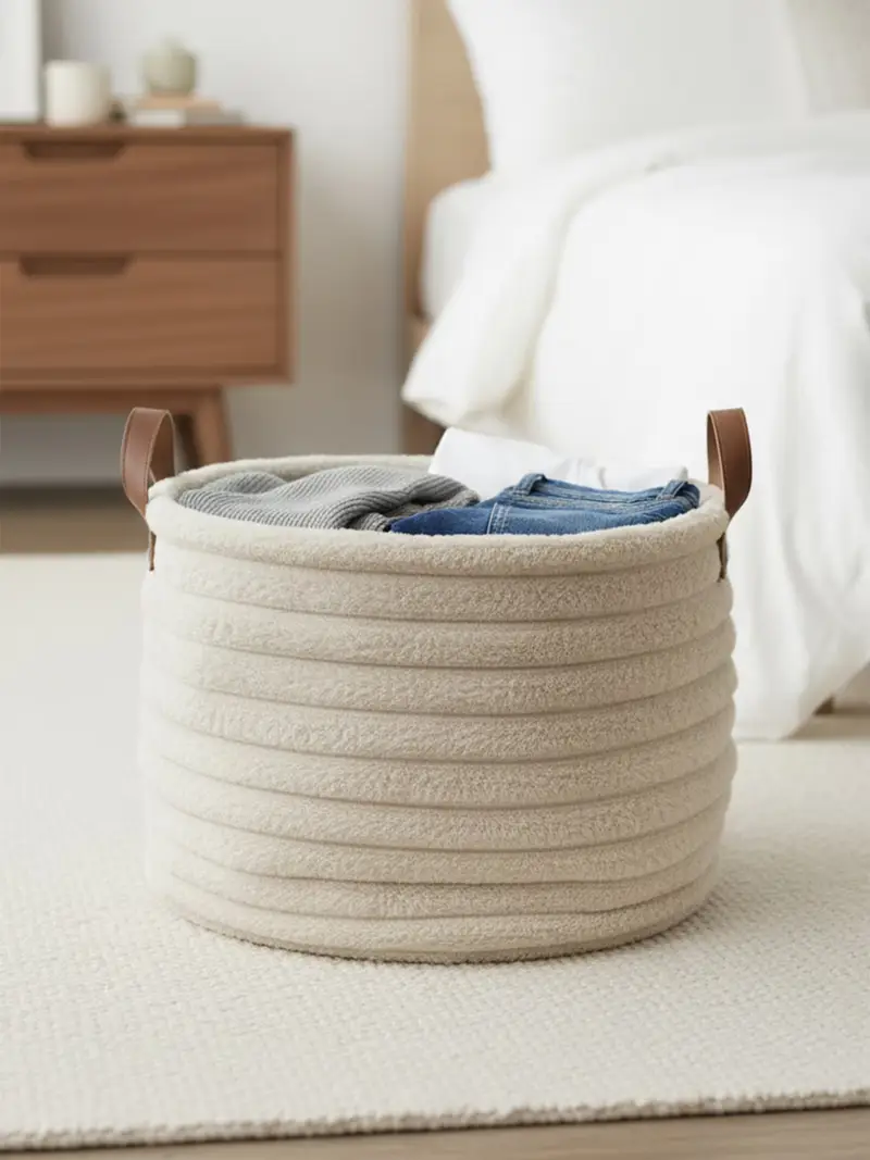 Cesto rotondo portaoggetti con manici in ecopelle - nude miniatura 2