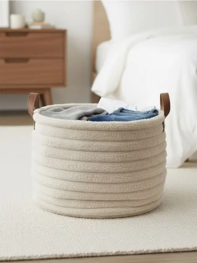 Cesto rotondo portaoggetti con manici in ecopelle - nude