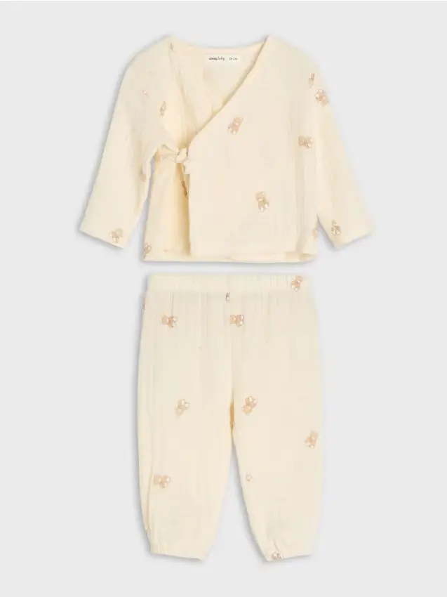 Completo in cotone blusa a portafoglio e pantaloni con motivo di orsetti - panna