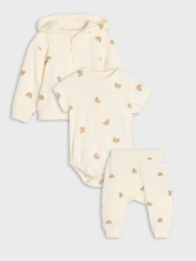 Completo in cotone felpa, body e pantaloni - panna