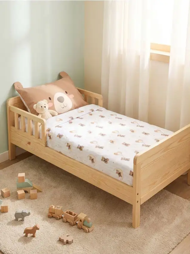 Completo letto in cotone per bambini con motivo orsetto e lenzuolo - beige