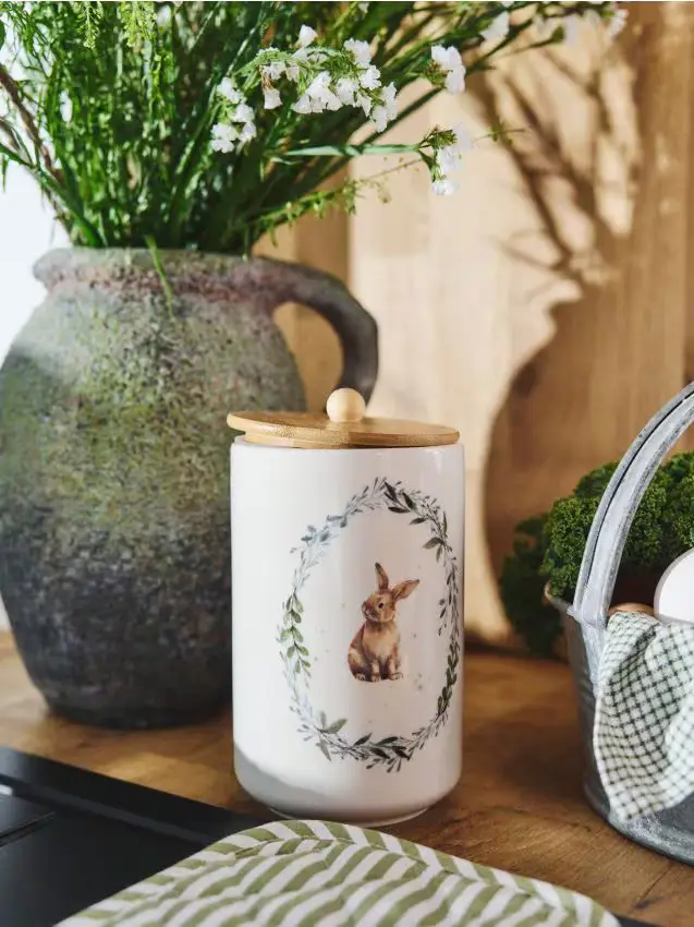 Contenitore alimentare pasquale con coperchio e motivo coniglietto - panna