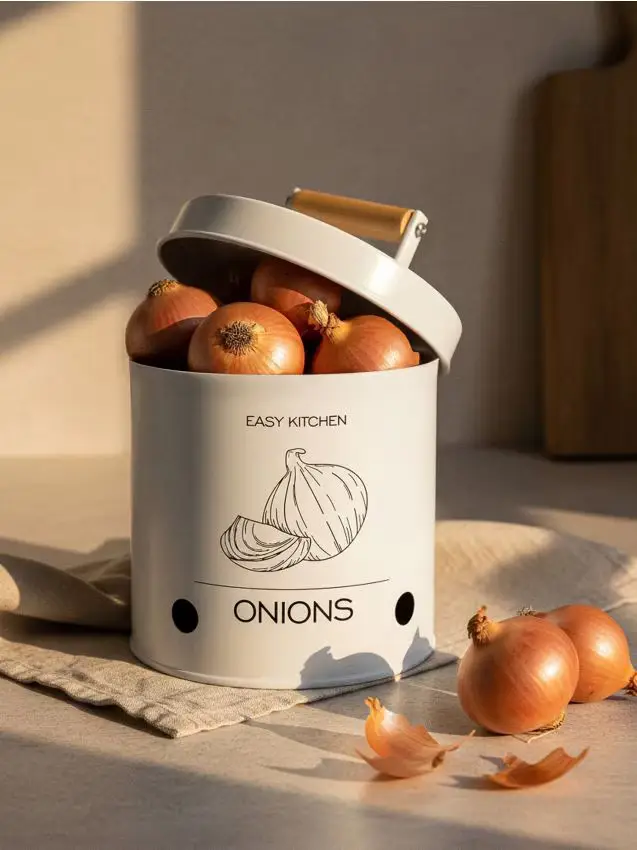 Contenitore in metallo per cipolle con coperchio - bianco