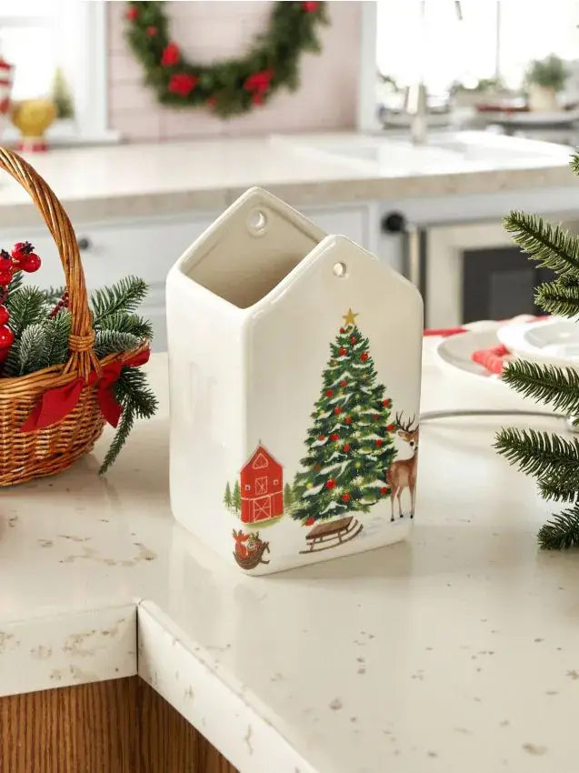 Contenitore per alimenti a forma di casetta con albero di Natale e renna - bianco