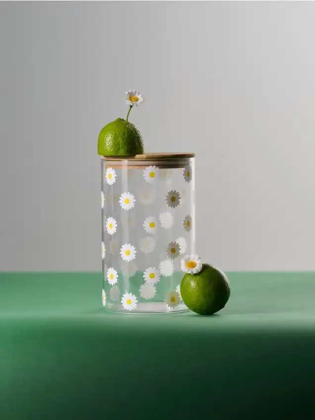 Contenitore per alimenti in vetro con coperchio in bambù a fiori - clear