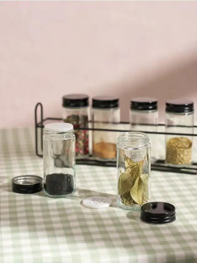 Contenitori in vetro per spezie con supporto in metallo - set da 7 - nero