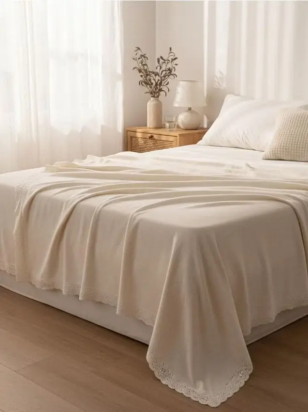 Coperta con bordo traforato - panna