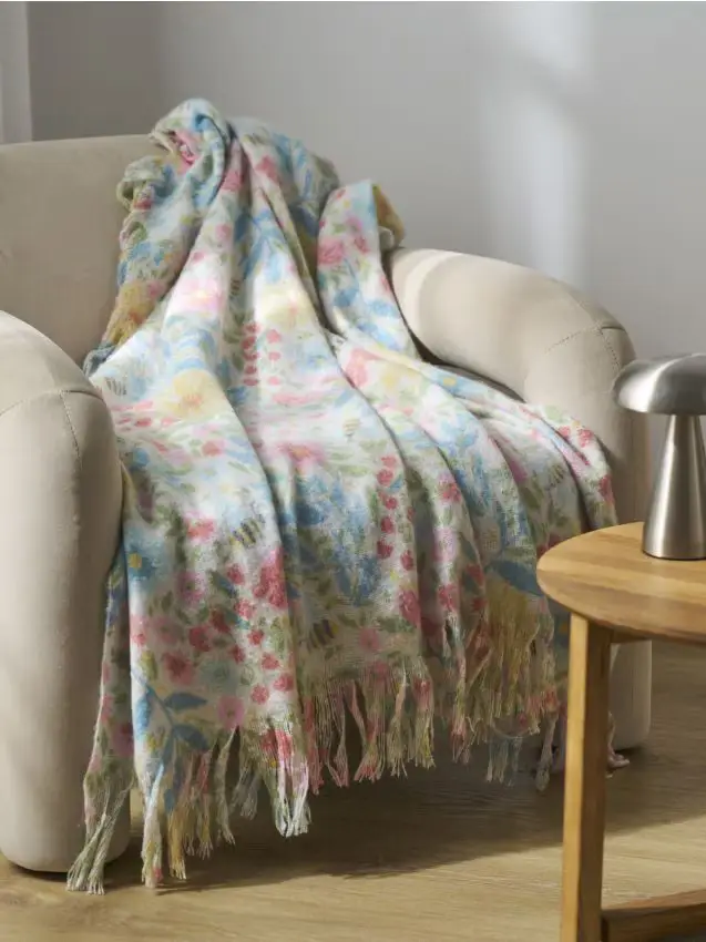 Coperta con motivo floreale e frange - multicolor