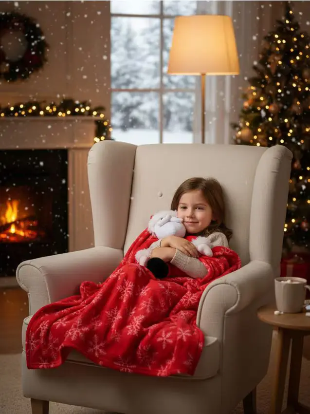 Copertina per bambini con peluche e motivo natalizio - rosso