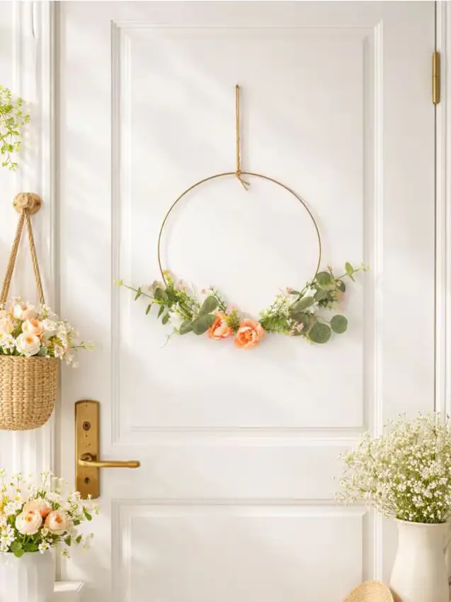 Corona decorativa floreale su cerchio in metallo - rosa cipria