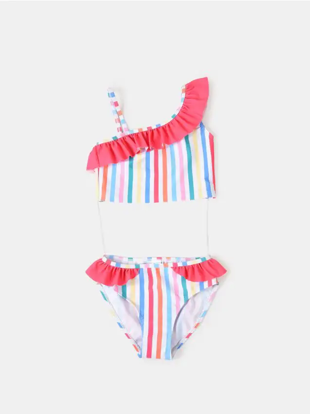 Costume da bagno a due pezzi con righe colorate e volant - multicolor