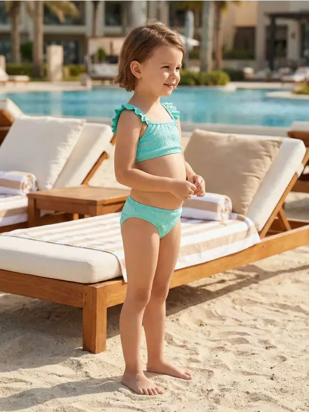 Costume da bagno a due pezzi con volant sulle spalline - verde pallido