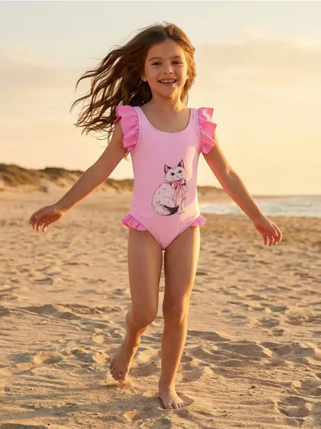 Costume da bagno con fiocco sulla schiena e rouches - rosa pastello